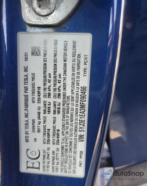 2021 Tesla Model 3 from USA, damaged, VIN 5YJ3E1EA3MF090466